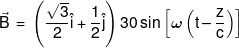 \vec B\, = \,\left( {\frac{{\sqrt 3 }}{2}\hat i + \frac{1}{2}\hat j} \right)30\sin \left[ {\omega \left( {t - \frac{z}{c}} \right)} \right]