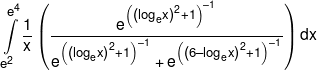 \int\limits_{{e^2}}^{{e^4}} {\frac{1}{x}\left( {\frac{{{e^{{{\left( {{{\left( {{{\log }_e}x} \right)}^2} + 1} \right)}^{ - 1}}}}}}{{{e^{{{\left( {{{\left( {{{\log }_e}x} \right)}^2} + 1} \right)}^{ - 1}}}} + {e^{{{\left( {{{\left( {6 - {{\log }_e}x} \right)}^2} + 1} \right)}^{ - 1}}}}}}} \right)dx} 
