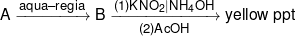 A\xrightarrow{{aqua - regia}}B\xrightarrow[{(2)AcOH}]{{(1)KN{O_2}|N{H_4}OH}}yellow\;ppt