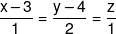 \frac{{x - 3}}{1} = \frac{{y - 4}}{2} = \frac{z}{1}
