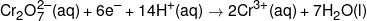 C{r_2}O_7^{2 - }(aq) + 6{e^ - } + 14{H^ + }(aq) \to 2C{r^{3 + }}(aq) + 7{H_2}O(l)